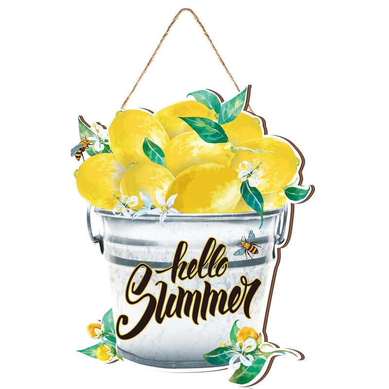 Hello Summer Lemon Door Sign Lemon Wreath Decorations Summer Farmhouse Wooden…