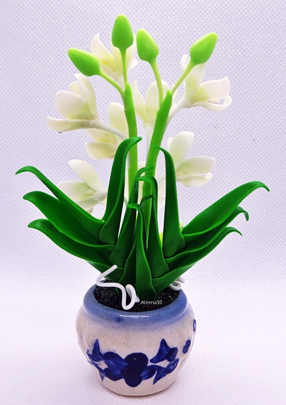US Stock 4"H Handmade Air-Dry-Clay-Crafted Cymbidium Orchid Arranged in Pot gallery