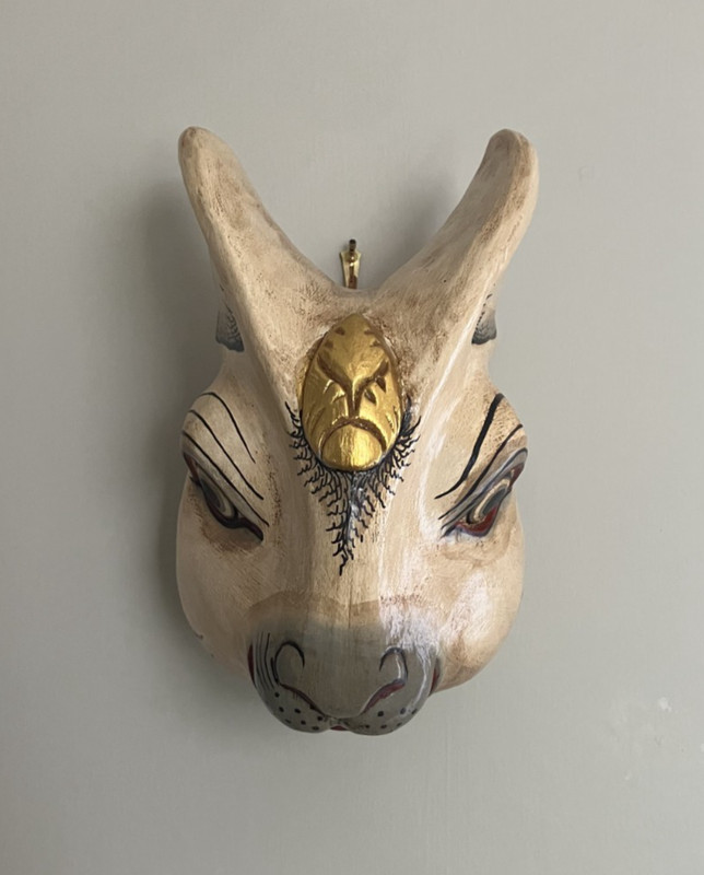 Vintage Antique Hand Painted Hand Carved Balinese Wood Rabbit Mask Wall Hanging