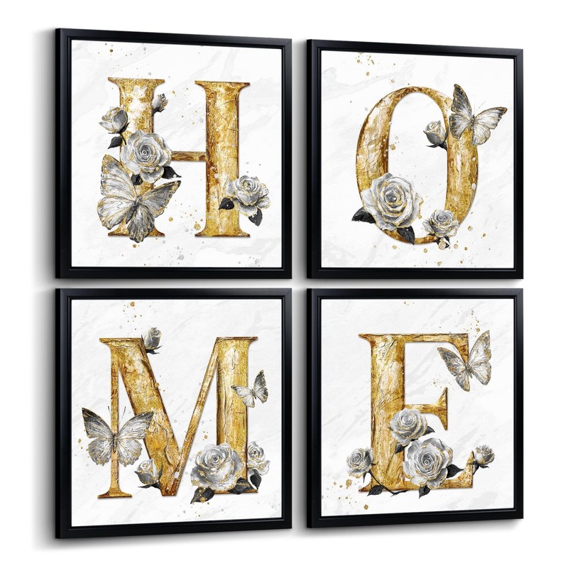 Home Letters Wall Art Gold and Silver Floral Butterfly Painting Prints Home S…