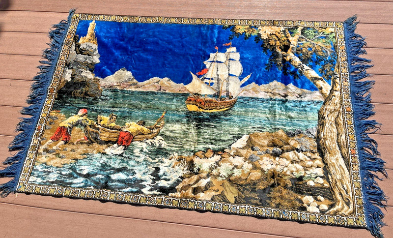 Vintage Velvet Tapestry Rug Blue Fringe Fishermen Ship Nautical 64″ x 37″