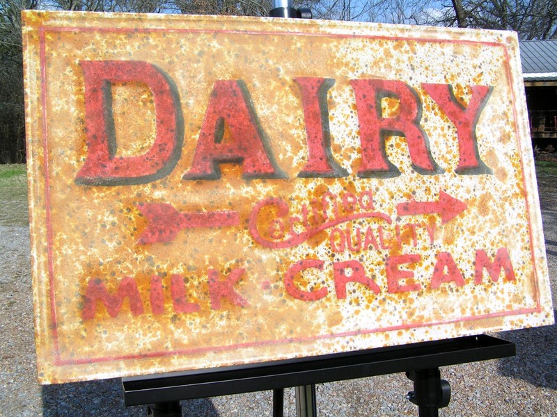 Old style Metal Dairy Milk Cream sign, SUPER distressed and aged, 31 x 19.5 gallery