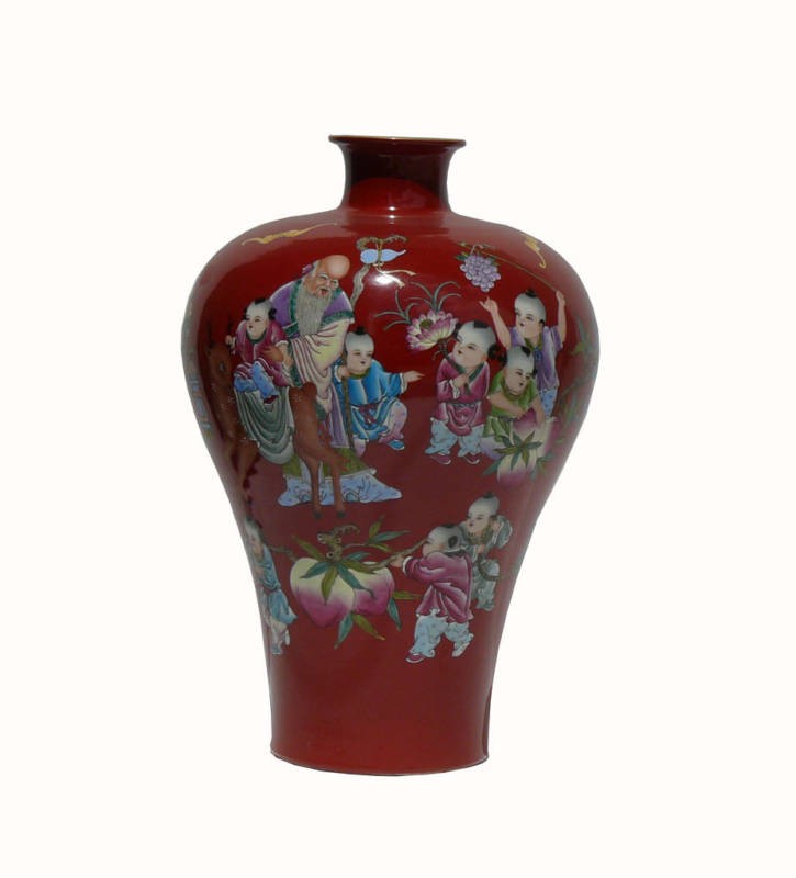 Beautiful Red Paint Longevity Old Man With Many Kids Vase w446