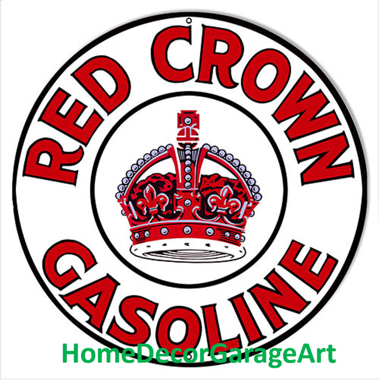 Red Crown Gasoline & Oil, Round Metal Sign, 4 Sizes, Vintage Garage Art HDGA