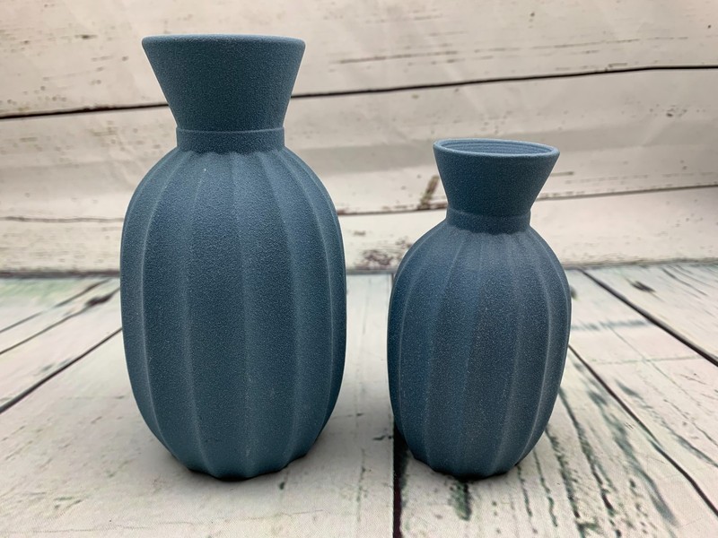 Set of 2 Blue Fluted Clay Bud Vase 5in 6inTable Top Decor Home