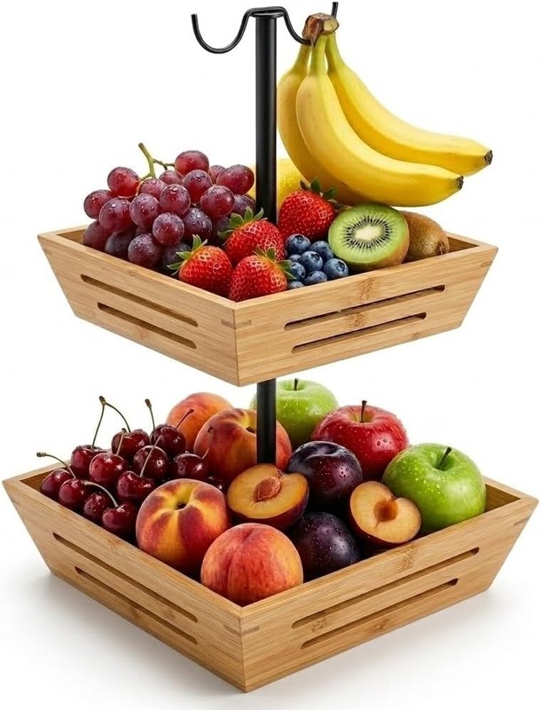 Bamboo 2-Tier Fruit Basket with Banana Holder and Bread Storage
