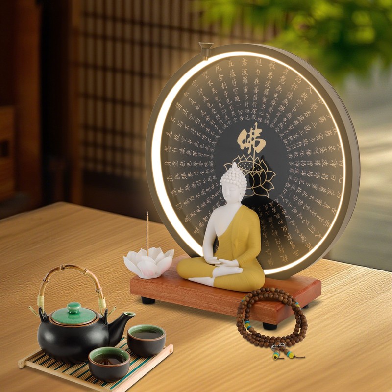 Buddha Statue Decoration, Ceramic Buddha Statue with Circle LED Lamp for Home gallery