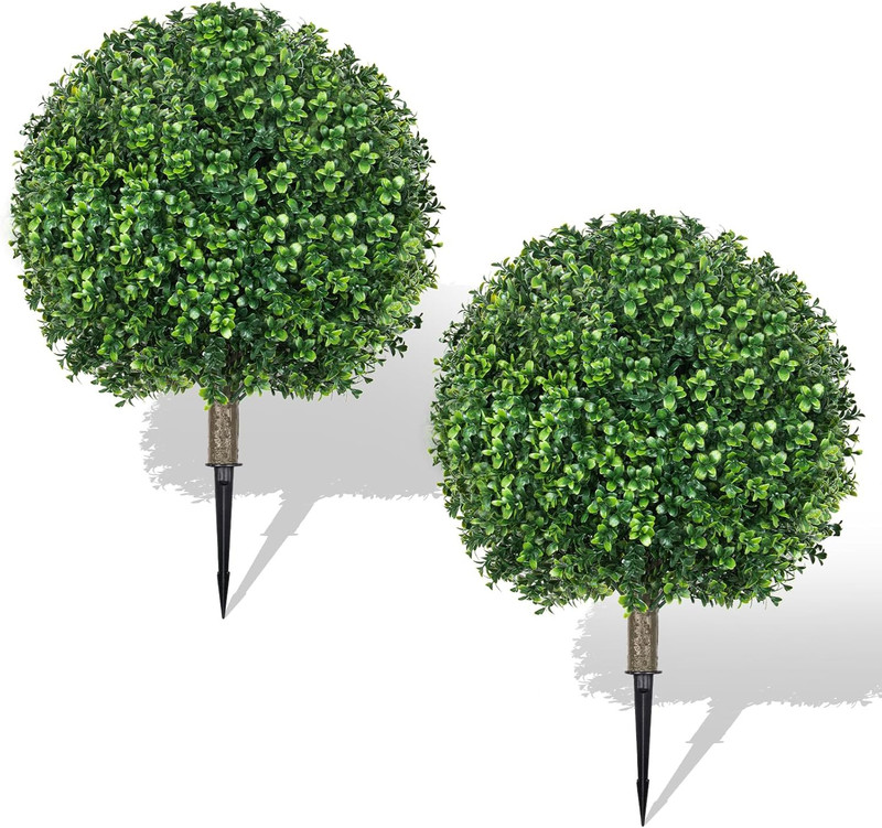 25.6″ Artificial Boxwood Topiary Ball Trees: 2 Pack Fake Shrubs with Spike – UV