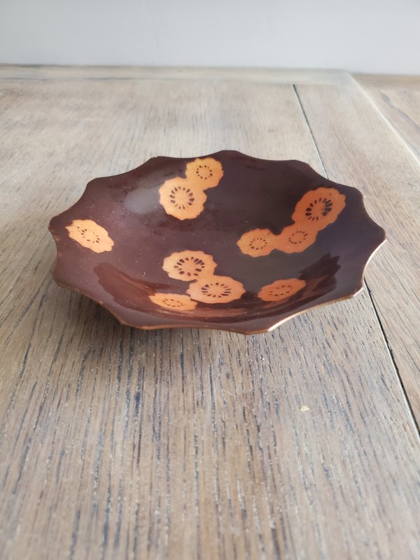 Vintage Copper Brown Enamel Trinket Dish Ash Tray Floral Design MCM Style 6 in