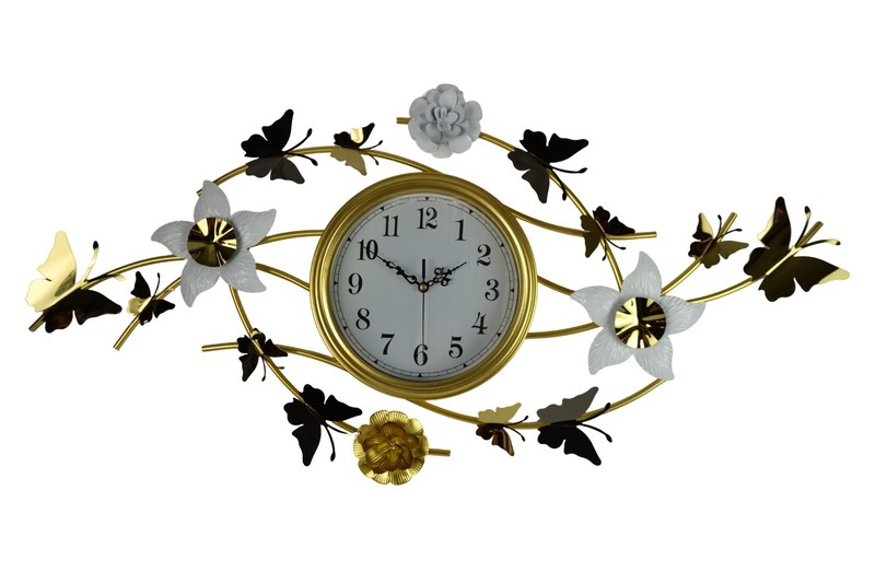 39″ Metal Gold and White Butterfly and Flower Wall Clock