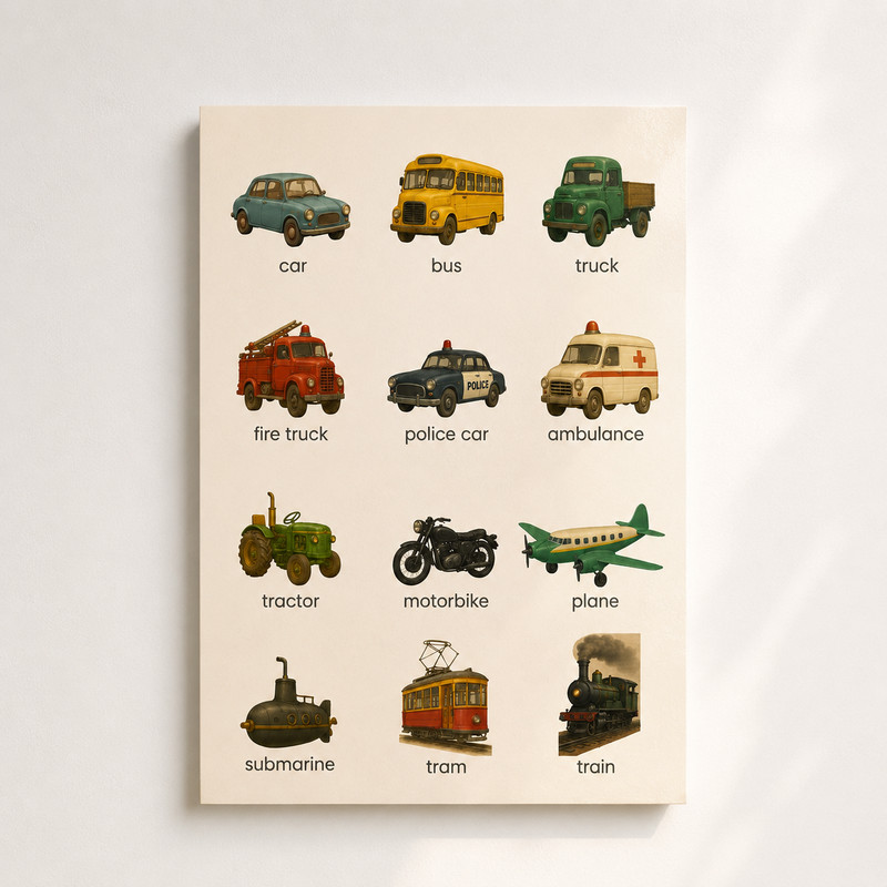 Transportation Vehicles Poster Kids Learning Chart Wall Decor | Multiple Sizes