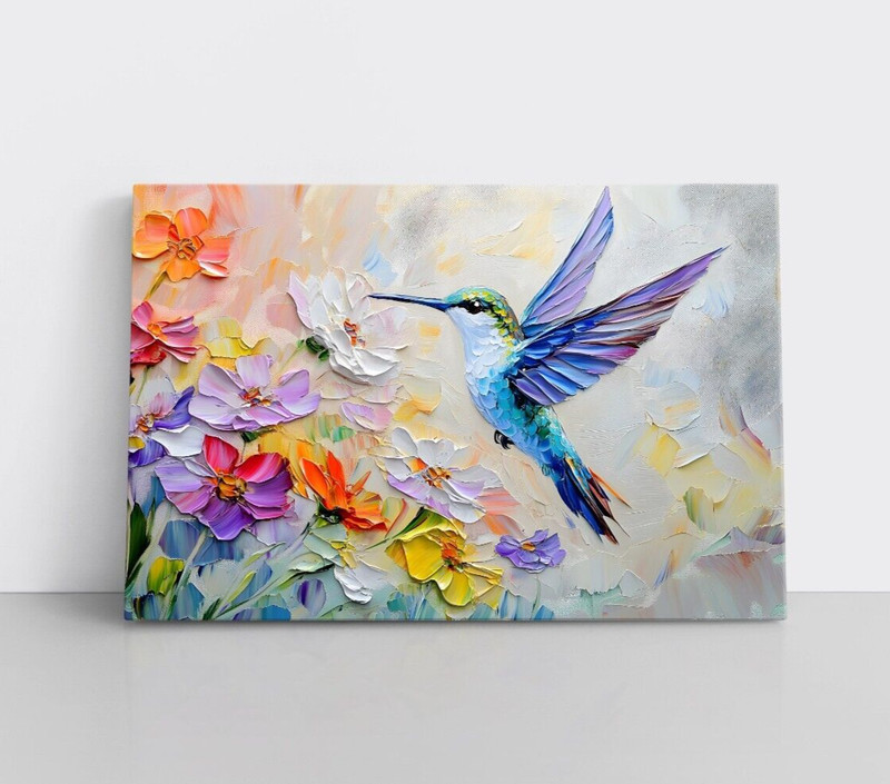Hummingbird & Spring Wildflowers Pretty Painting Print on Canvas Wall Art Decor