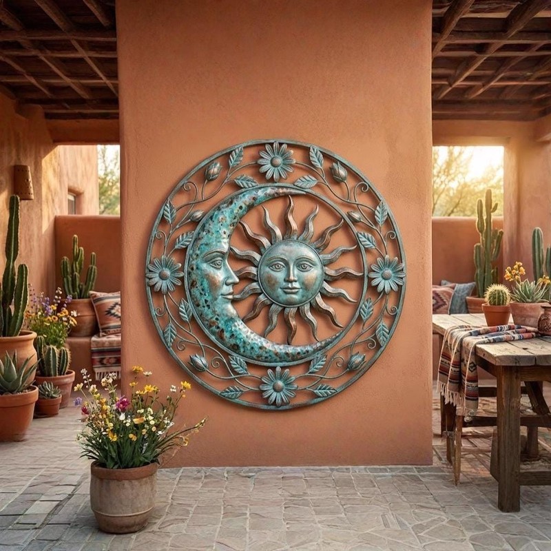 Celestial Sun Moon Metal Wall Art, Southwestern Garden Wall Decor