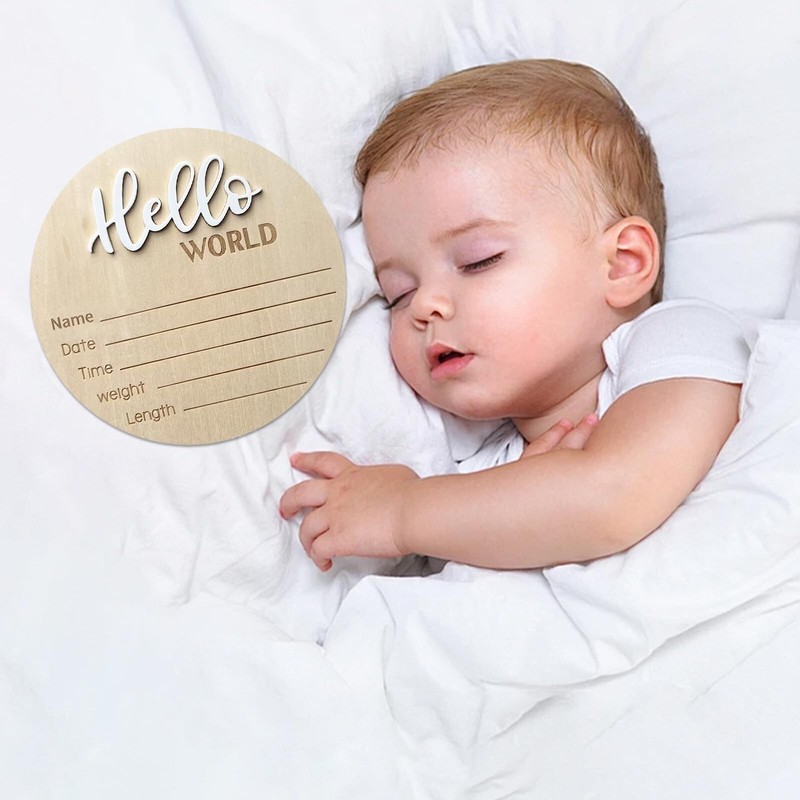 Baby Announcement Sign, ​5.9 Inch Wooden Hello World Newborn Signs, Birth gallery