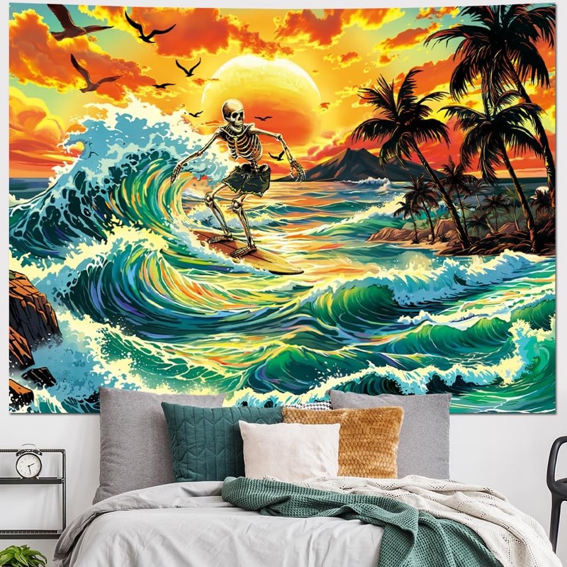 Skull Tapestry Trippy Skeleton Tapestries Hippie Sun Aesthetic Tapestry Surfing gallery