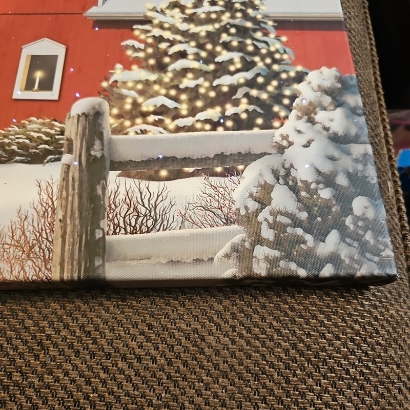 Winter Scene Red Barn"Lights Up"Canvas 18x 24" Works! 3AA Batteries Not Included gallery