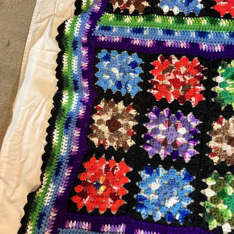 Vintage Handmade Granny Square Afghan Throw Multicolor Black 58x53” gallery