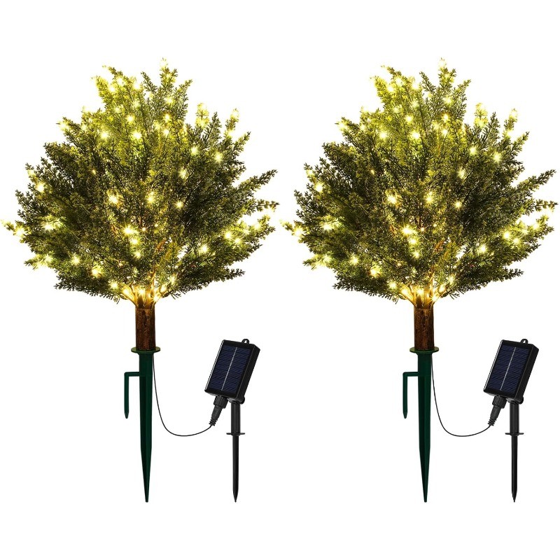 2PCS Artificial Cedar Trees with Solar Lights Outdoor, 25 Inch Faux Topiary Tree