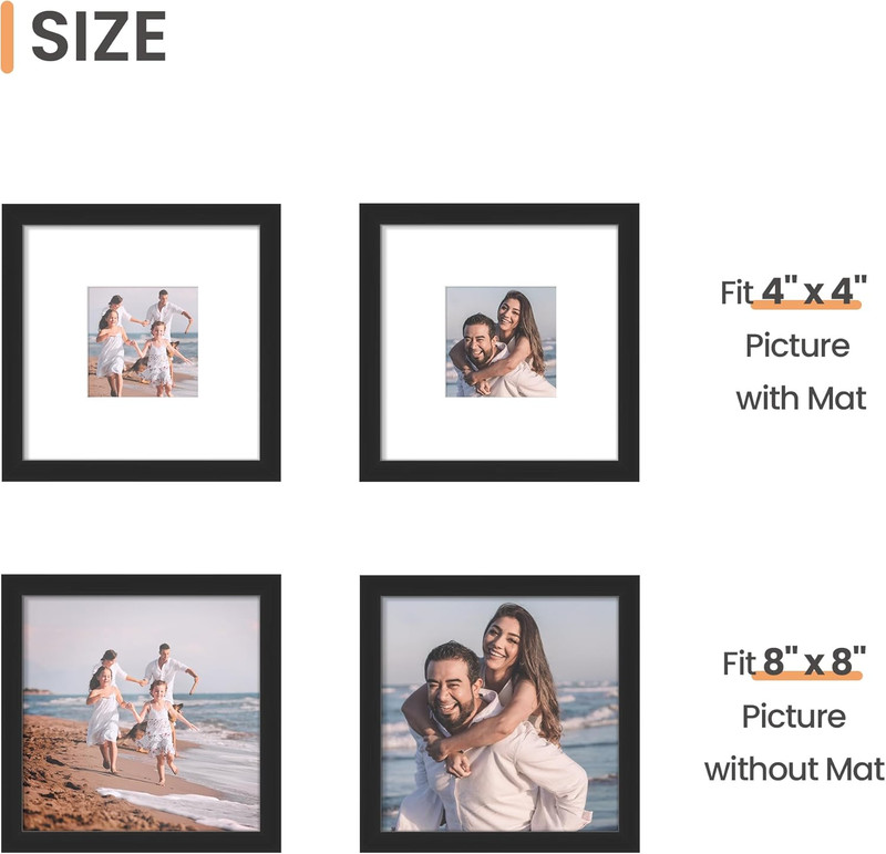 8X8 Picture Frame: Display 4X4 with Mat or 8X8 without Mat, Wall Hanging, Black gallery