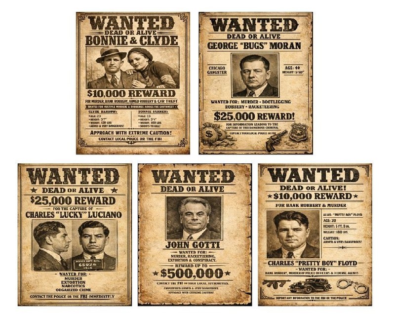 5 Pack Vintage Metal Tin Signs Retro Wall Decor Gangsters MSET05