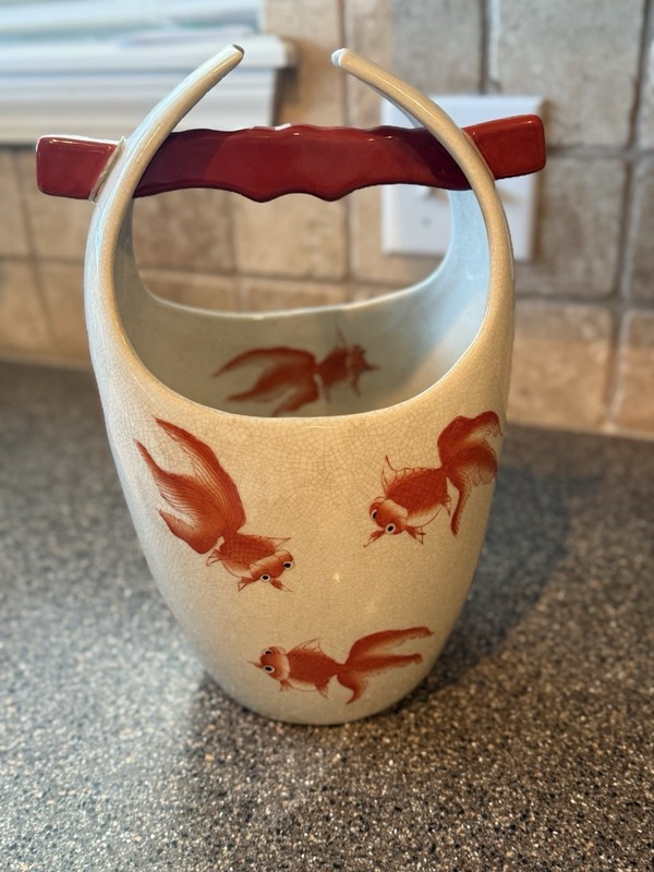 Rare Gumps San Francisco Asian Goldfish Ceramic Basket Vase Cachepot 12”
