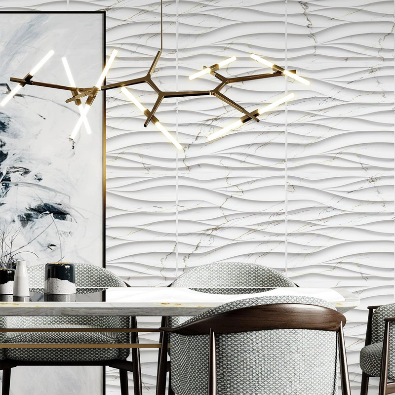 3D Wave Wall Panels - White Marble & Gold Accent for Living Room Decor gallery