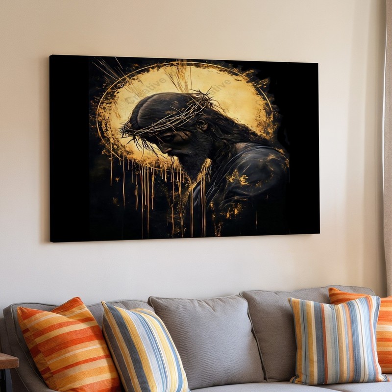 Jesus Christ Crown of Thorns Canvas Wall Art Dark Spiritual Religious Painting gallery