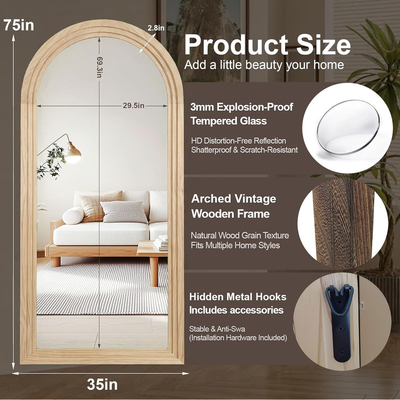 Rustic Arched Full Length Floor Mirror with Stand - 75x35 Natural Wood Frame gallery