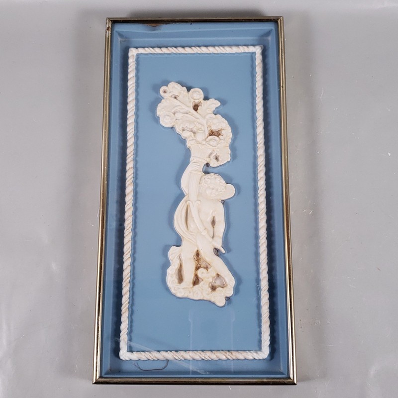 Vintage Hollywood Regency Wedgwood Style Blue Cameo Cherub Box Frame WALL DECOR