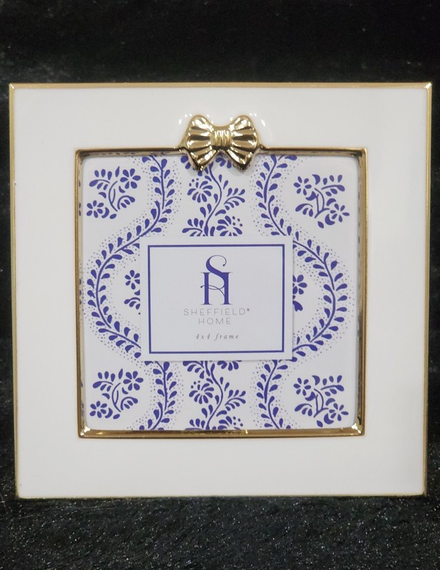 White Enamel Square Shape w Gold Metallic Coquette Bow Photo Frame 5x5 Sheffield gallery