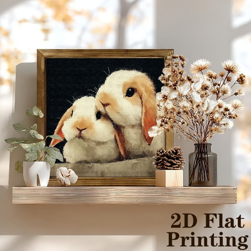 Antique Textured Canvas White Tan Rabbit Couple Rustic Wall Wooden Plaque Gift gallery