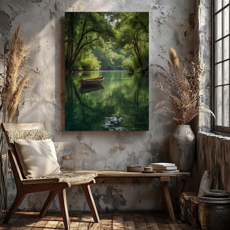 Serene River Landscape Canvas Art With Wooden Boat And Lush Green Trees Print gallery