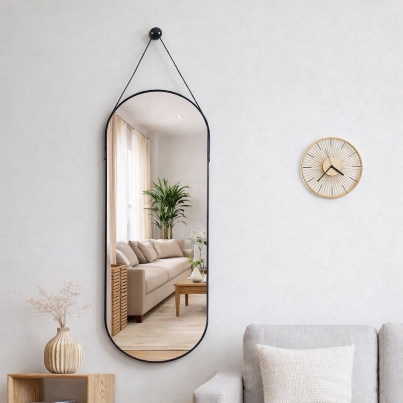 Arched Wall Mirror 48x16 Inch Black Metal Frame