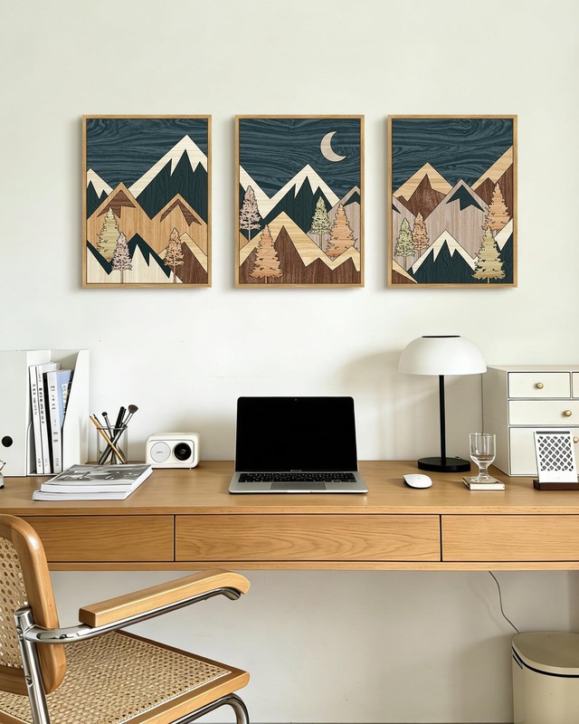 Blue Morden Mountains Framed Wall Art Boho Woodcut Pine Tree Forest Nature La... gallery