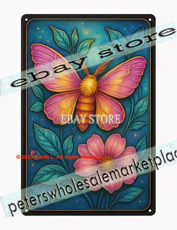Pink Butterfly Tin Sign 3D Look Floral Garden Art