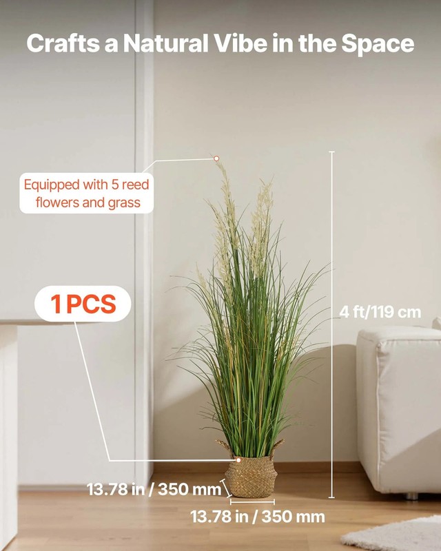 Artificial Grass Plant, 47 inch Reed Flower Grass in Pot, Premium PVC Faux Fake