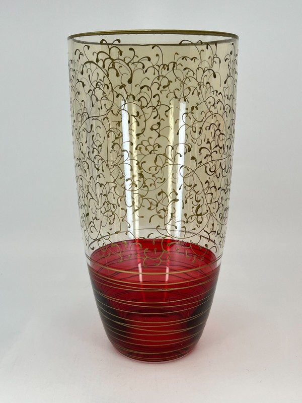 Pier 1 Imports Rioja Ruby Red Gold Scrolls Large Flower Vase 11″H MODERN VASE