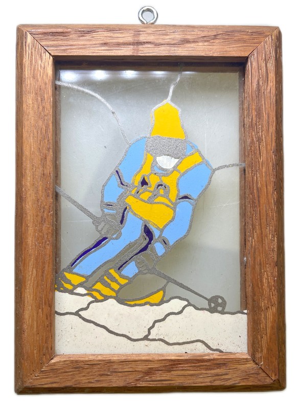 Framed Painted Glass Downhill Skier Ski Picture 4.5”x 3.25”
