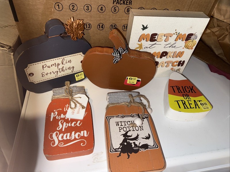 Lot Of 6 Fall Wooden Decor Pumpkin Halloween Funny Sayings Holiday Decor