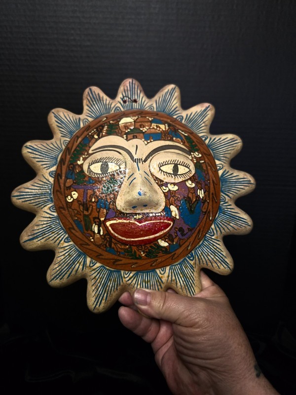 Ceramic Sun Wall Plaque, Glossy Finish Wall Mounted Beige Blue Brown 9″