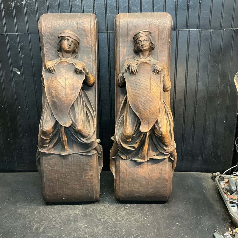 Vtg MCM Pair Mediaeval Fiberglass Man & Woman Embossed Wall Art 32inx9.5in