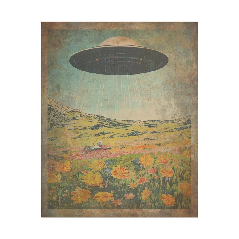 Vintage UFO ALIEN FLOWER Wall Art, Sci-fi Botanical Poster, UAP Cryptid Decor