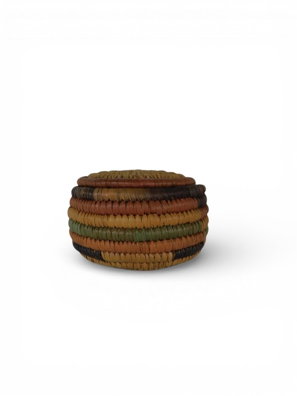 Native American Papago Hand Woven Lidded Coil Basket Tohono O’odham