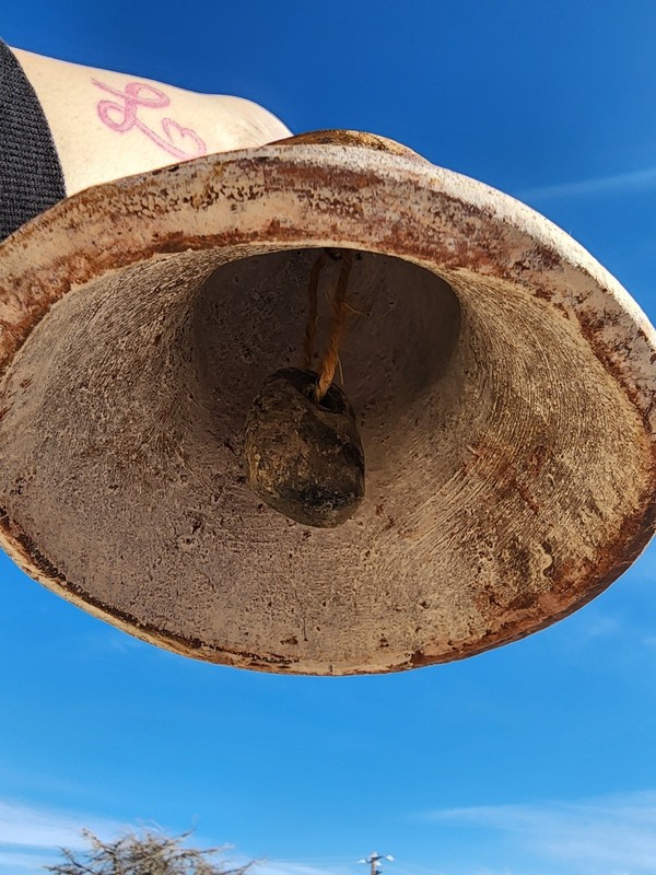Large Rustic Clay Hanging Bell w Wrought Iron Stand Clapper Mission Southwestern gallery