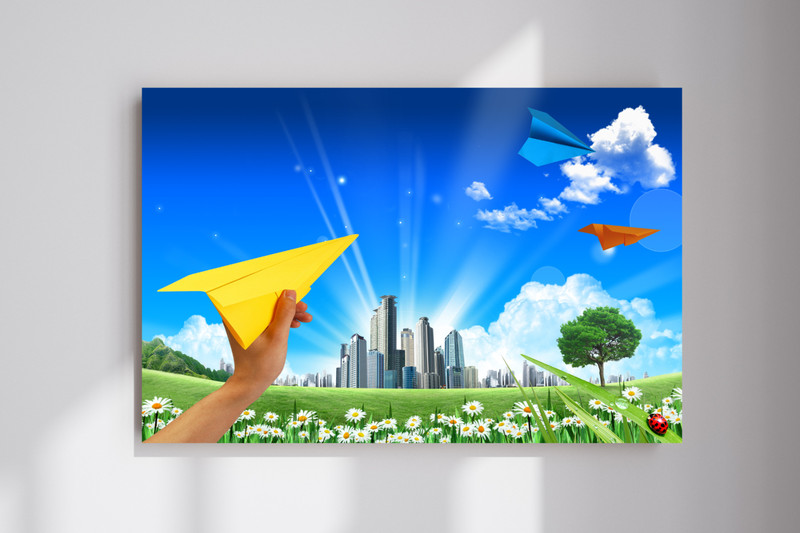 Frutiger Aero Paper Planes City Skyline Calm Relaxing Poster Print