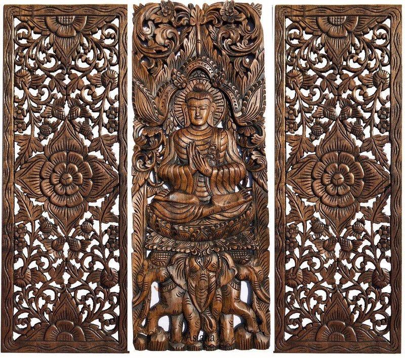Buddha with Elephant Wood Carved Wall Decor Panel. Wall Art Brown 35.5"x13.5" gallery