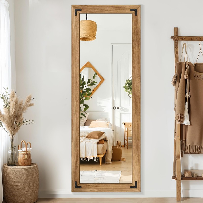 Full Length Mirror with Wooden Frame, 65"X24" 65"L x 24"W, Brown gallery
