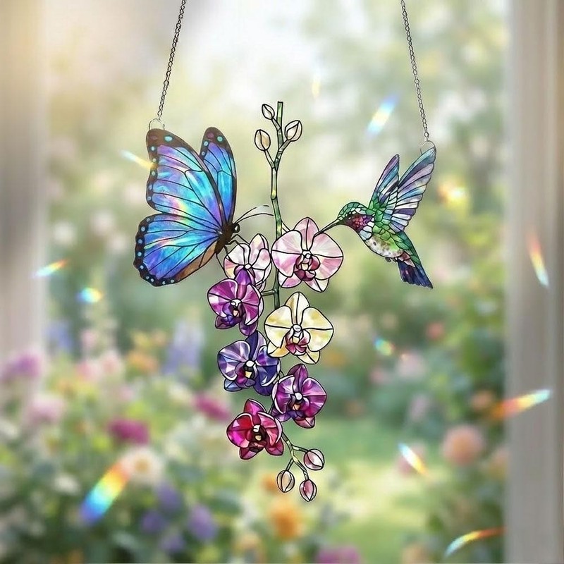 Holographic Hummingbird Butterfly Orchid Acrylic Suncatcher, Colorful Window Gif