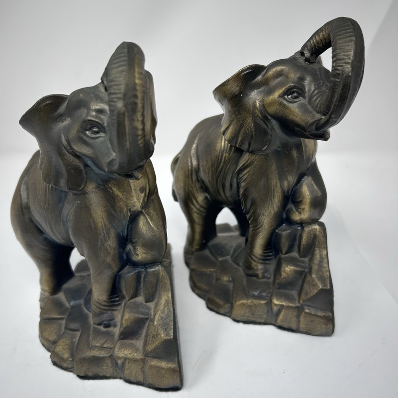Bronze Tone Sitting Elephants with Upturned Trunk Bookends Metal See Description