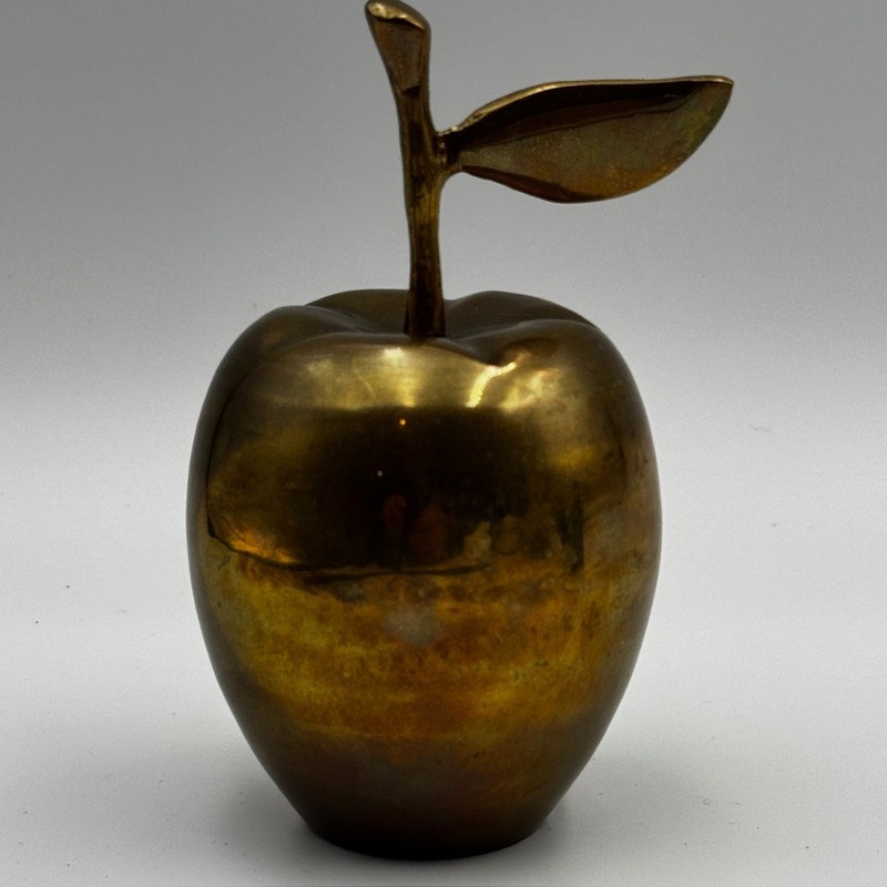 Vintage Brass Apple Paperweight Figurine Decorative Fruit Stem Leaf